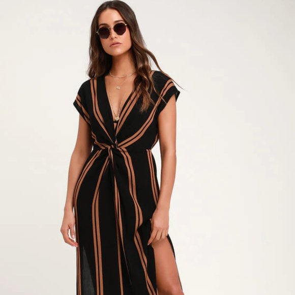 Lulus Dresses & Skirts - Lulus Coastal Grooves Black & Brown Striped Swim Cover-Up